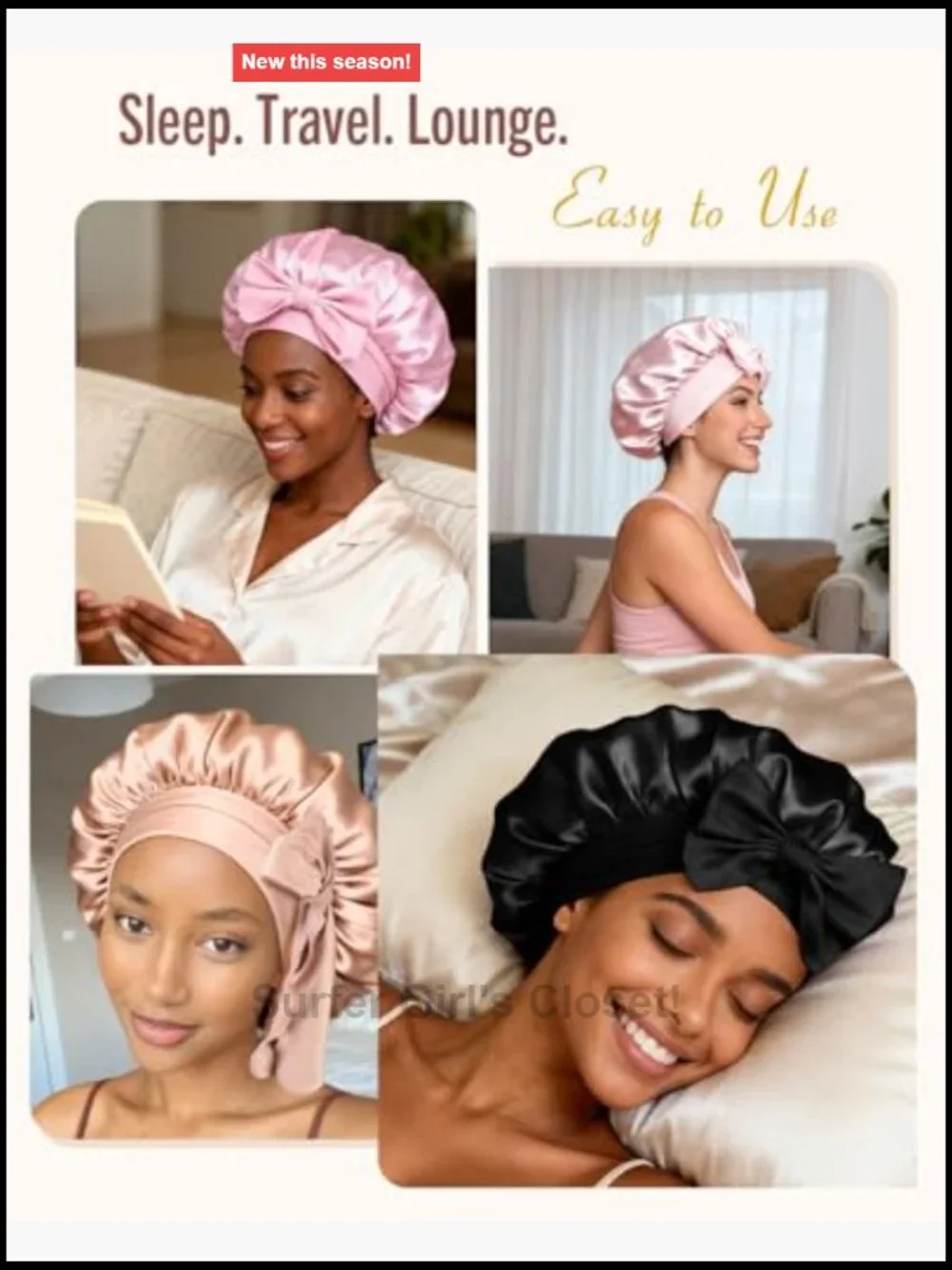 Double Layer Satin Bonnet for Sleeping Night Cap with Tie Band for Curly Hair
